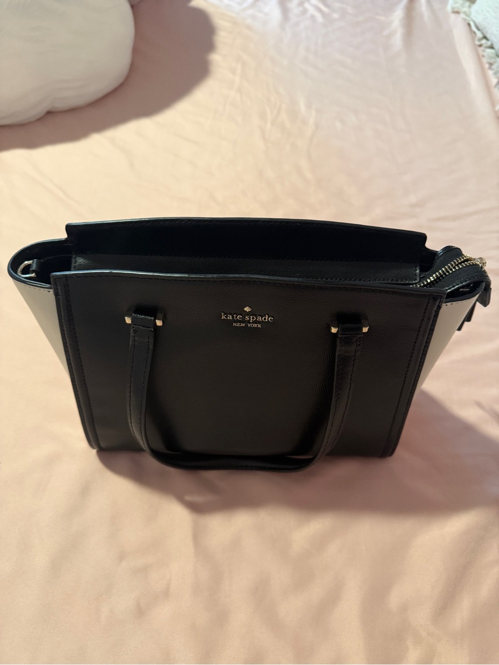 kate spade Black Structured Leather Top-Handle Tote with Gold Logo